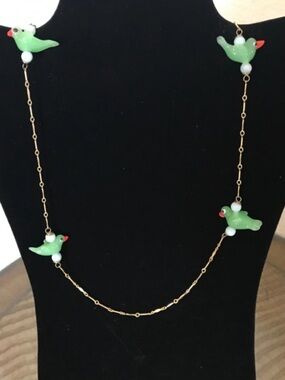 Lenora Dame VintageGreen Glass Birds on Long Gold-Plated Chain Necklace NWT Rare